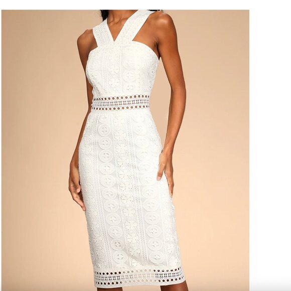 Lulus Cocktail Ready Ivory Crochet Lace Midi Dress White - Size M - Picture 3 of 5